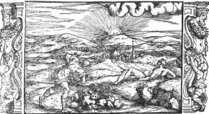 In questa incisione della metà del XVI sec., opera di G. A. Rusconi, sono illustrati due momenti del mito ovidiano: Helios che tenta di soccorrere Leucotoe (a sinistra) e Clizia in muta contemplazione del Sole nascente.